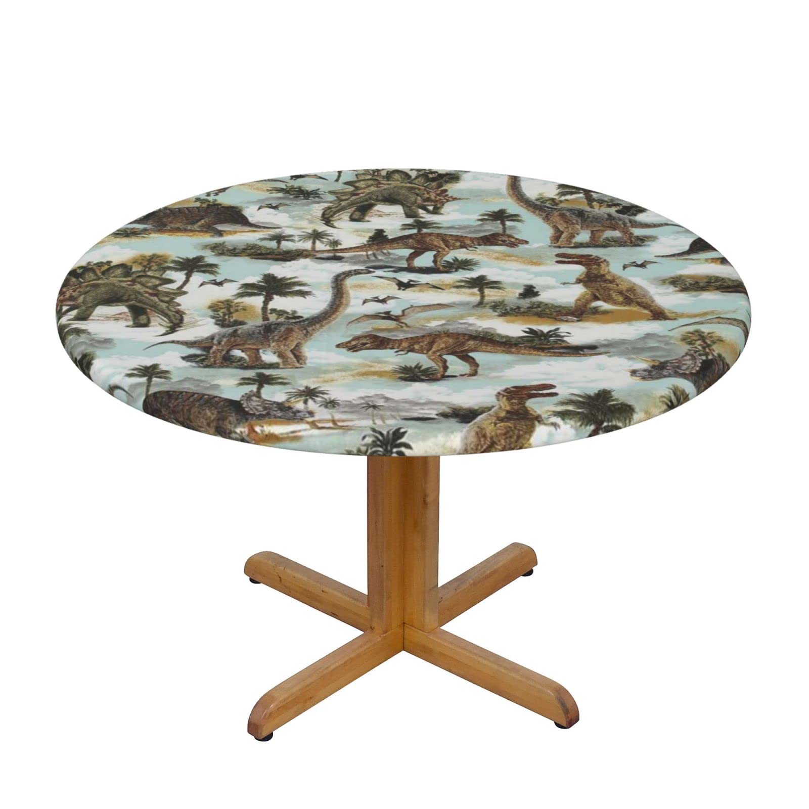 Lsjuee Round Fitted Tablecloth 45-50in Elastic Edged Table Cloth for Kitchen Dining Party Home Decor - Dinosaurs Plants