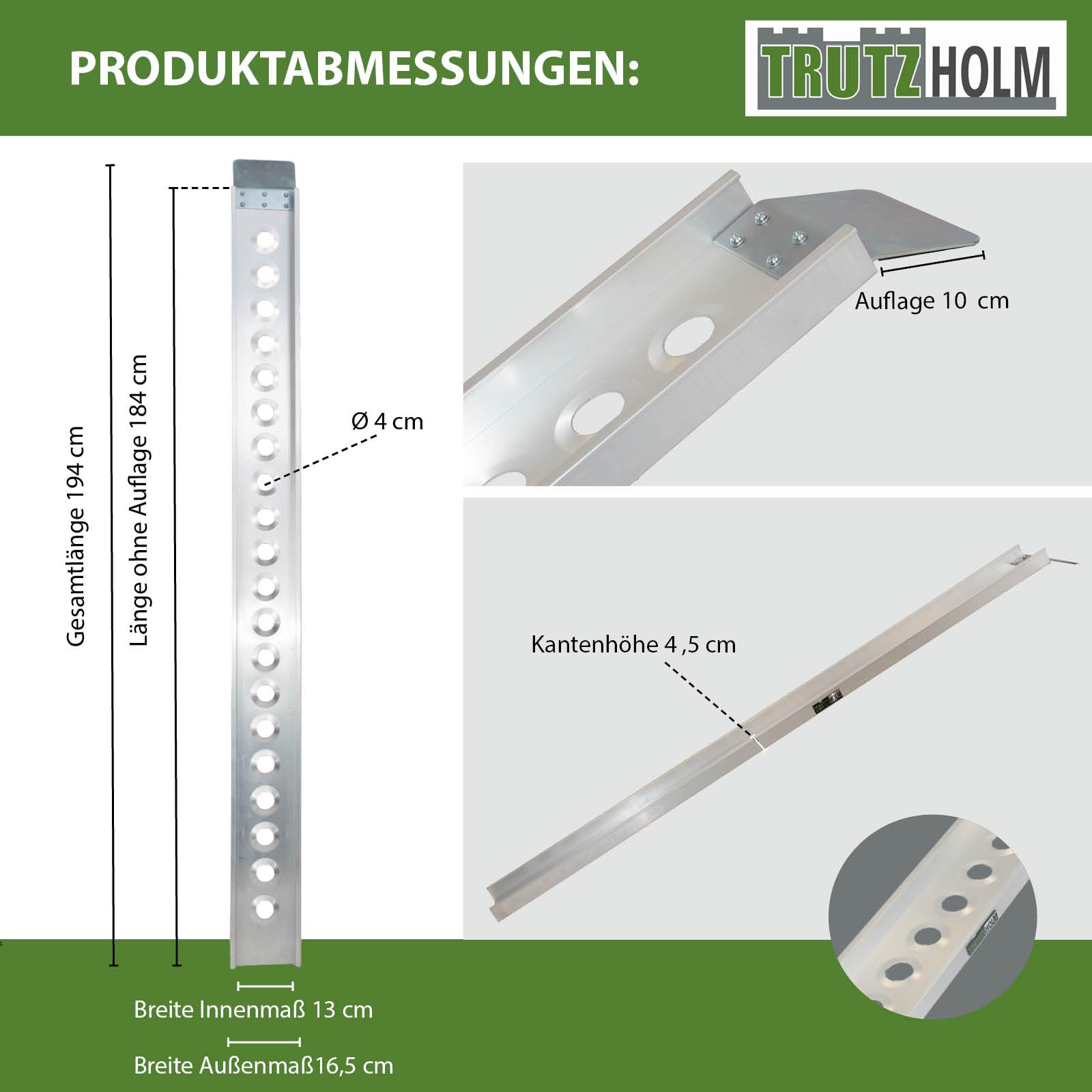 TRUTZHOLM 2X Auffahrschiene Aluminium Länge 194 cm Traglast 200 kg je Stück Verladerampe Moped E-Bike Fahrradrampe inkl. 2X Spanngurt grau