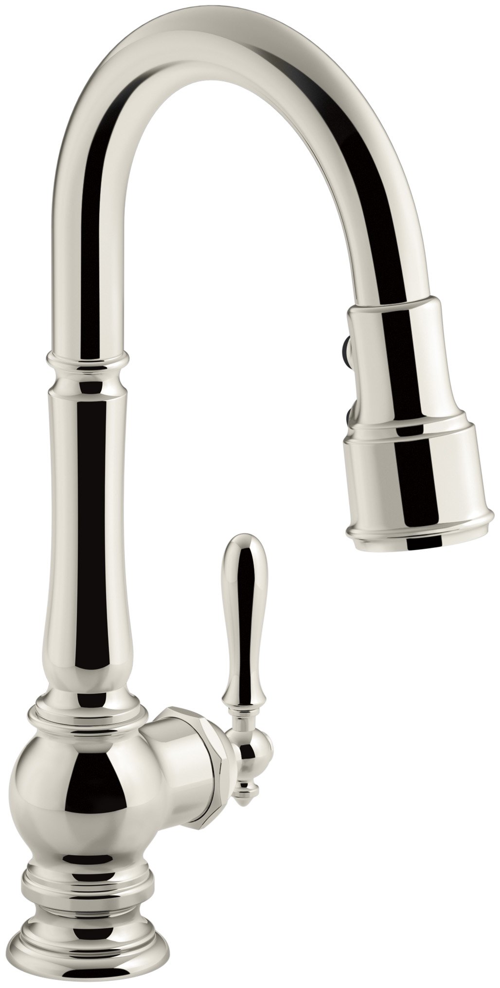 KOHLER K-99261-SN Artifacts Single-Hole Kitchen Sink Faucet with 16-Inch Pull-Down Spout, 3-Function Sprayhead, and Turned Lever Handle, Vibrant Polished Nickel