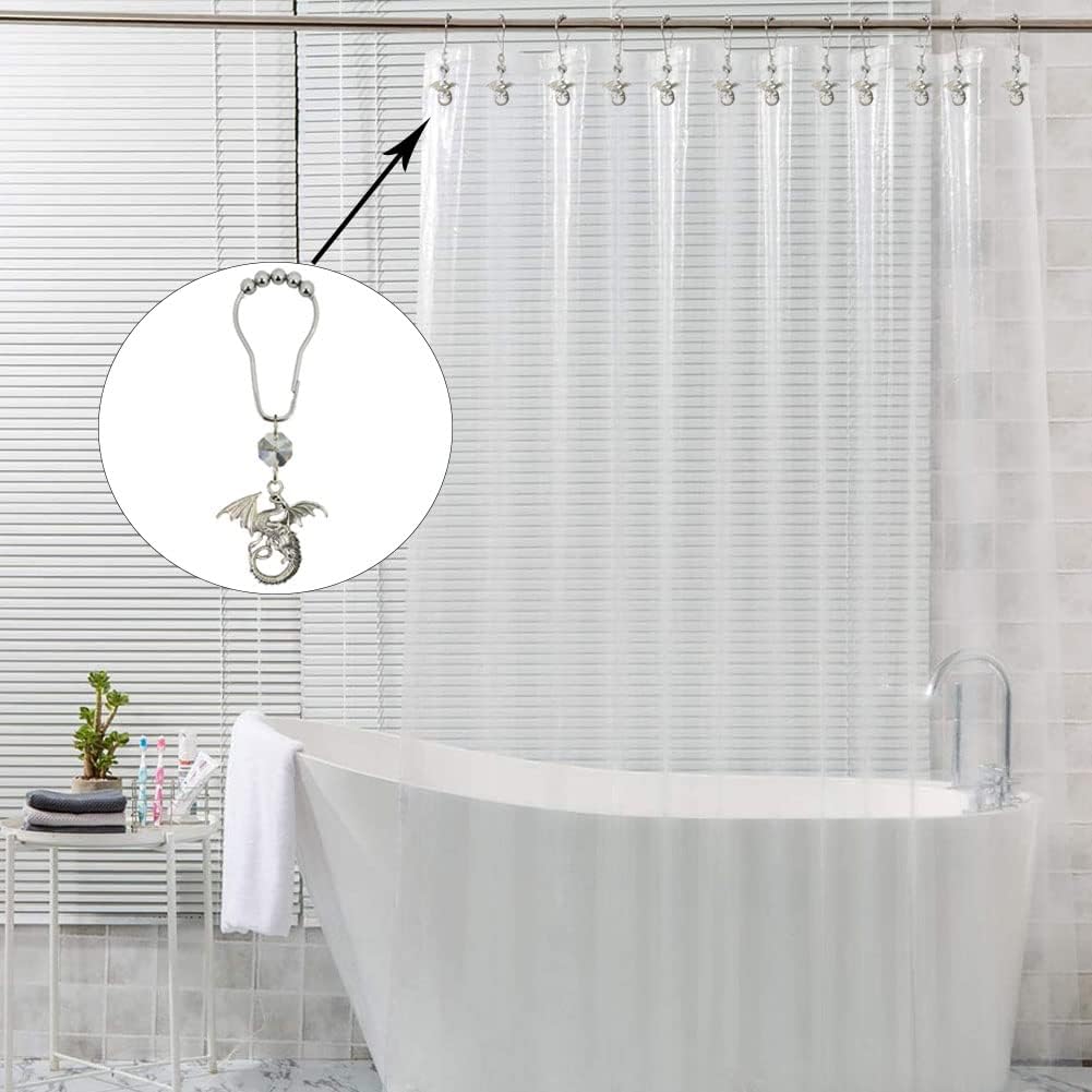 12Pcs Shower Curtain Hooks with Crystal Beads Flying Winged Dragon, Silver