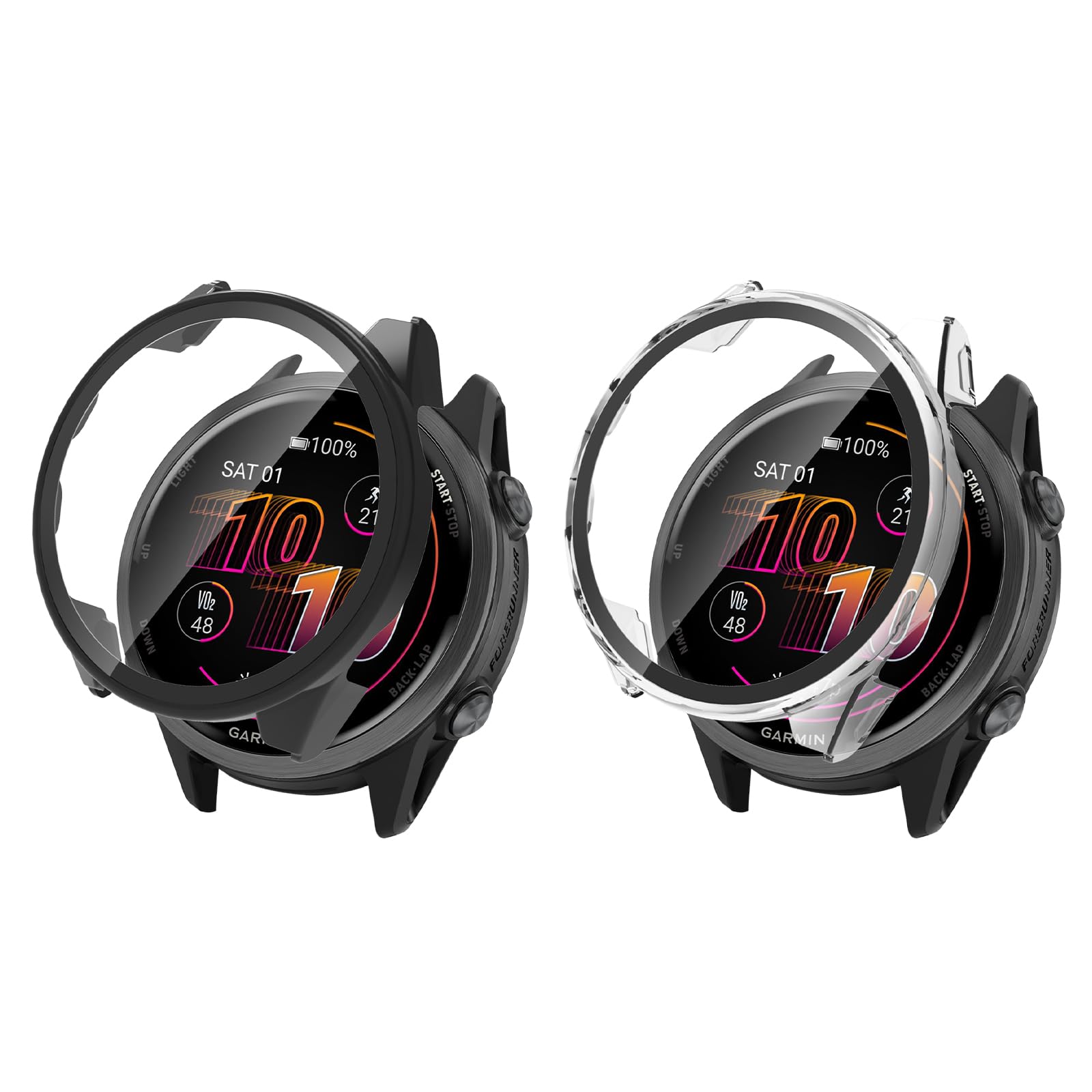 [ToVioc] ケース For Garmin Forerunner 570 47 mm 保護ケース 【2枚セット】 保護カバー ガラスフィルム 一体型 新デザイン PC+ガラス素材 全面保護 耐衝撃 傷防止 装着簡単 高透過率 高感度 カバー Garmin Forerunner 570 47 mm 対応 (クリア+ブラック)