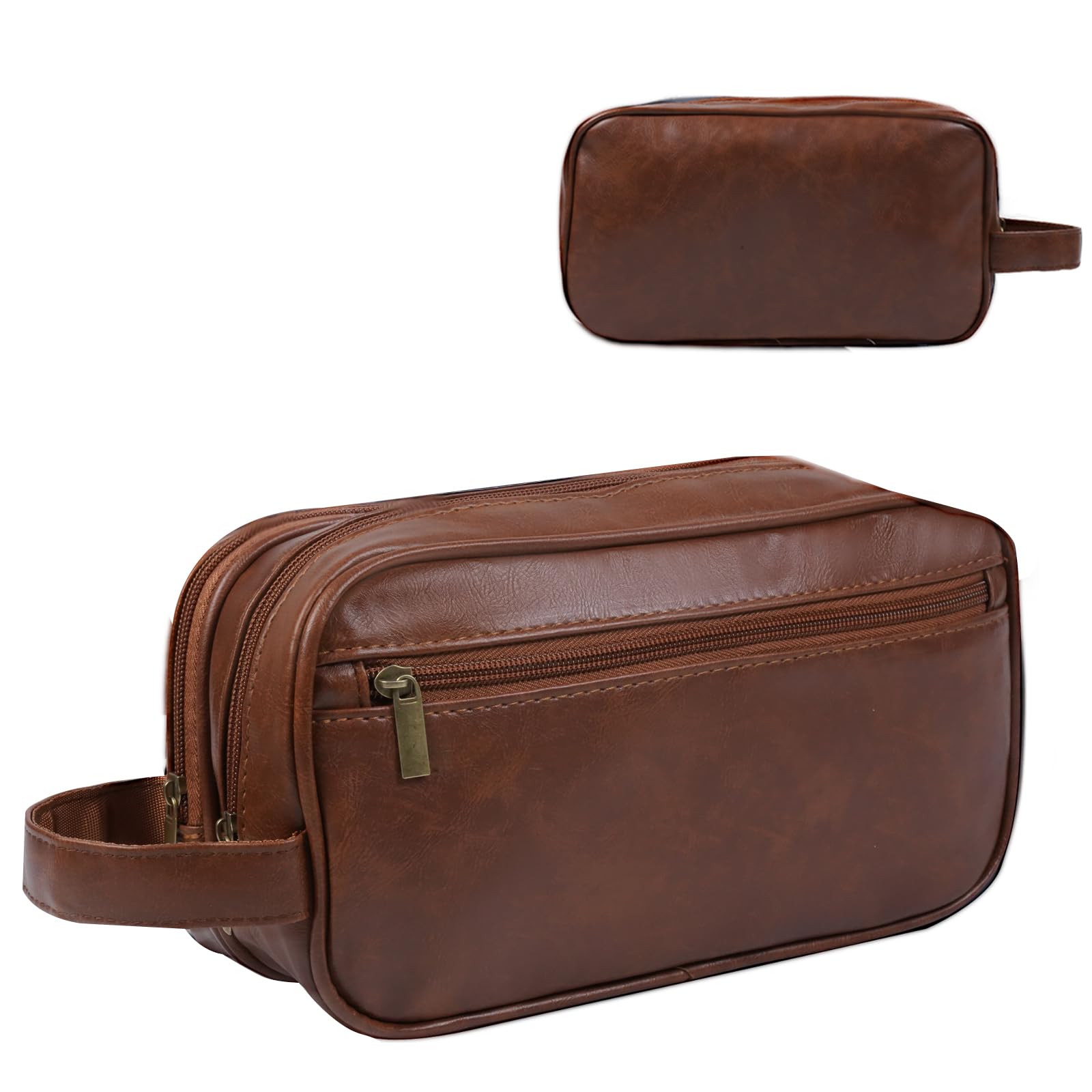 HEWTHM Mens travel toiletry bag Gift For Men, PU Leather Cosmetic Bag Water Resistant Dopp Kit Shaving Pouch Bathroom Toiletries Organizer(Brown)
