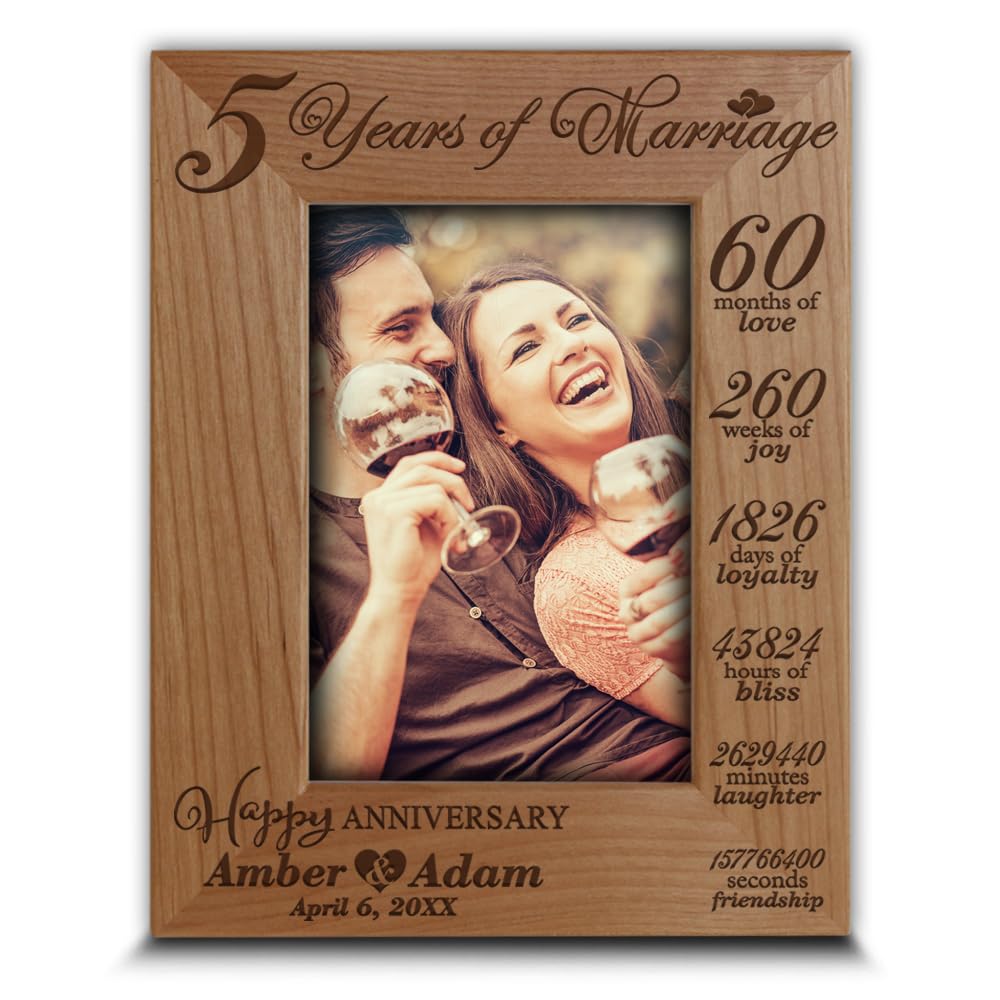 BELLA BUSTA-Personalize 5 years of marriage-Traditional 5th Wdding Anniversary Keepsake- Engraved Real Wood Picture Frame (5 x 7 Vertical)