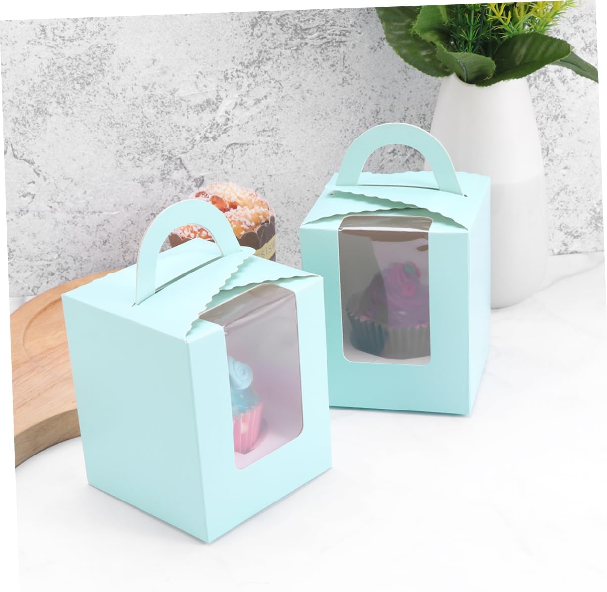 50pcs Kraft Paper Muffin Box Window Portable Cupcake Container for Storage for Parties and Events Safe Food-grade Material Blue Design