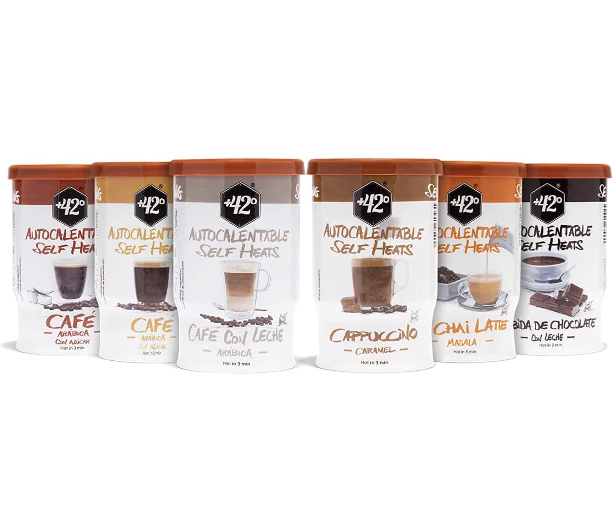 Autocalentable +42°. Cappuccino Caramelo. Lata autocalentable de 205 ml. Caliente en 3 minutos (paquete de 6)