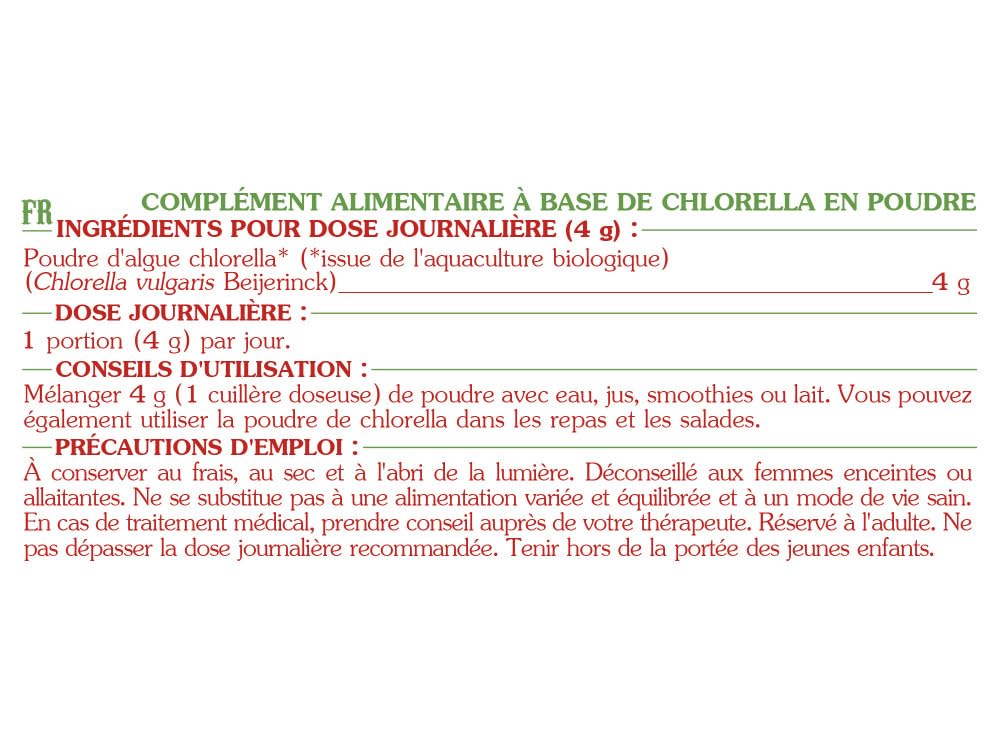 CHLORELLA BIO EN POUDRE * 25 portions/Chlorella poudre 100 g * Antianémique, énergie, hépatoprotecteur, système immunitaire * Garantie Satisfait ou Rembours * Fabriqué en France