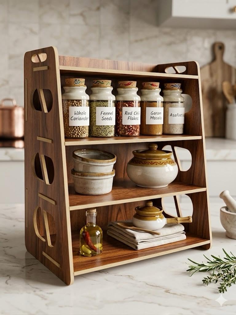 Wooden Spice Rack - 4 Shelves, Wall Mounted -4