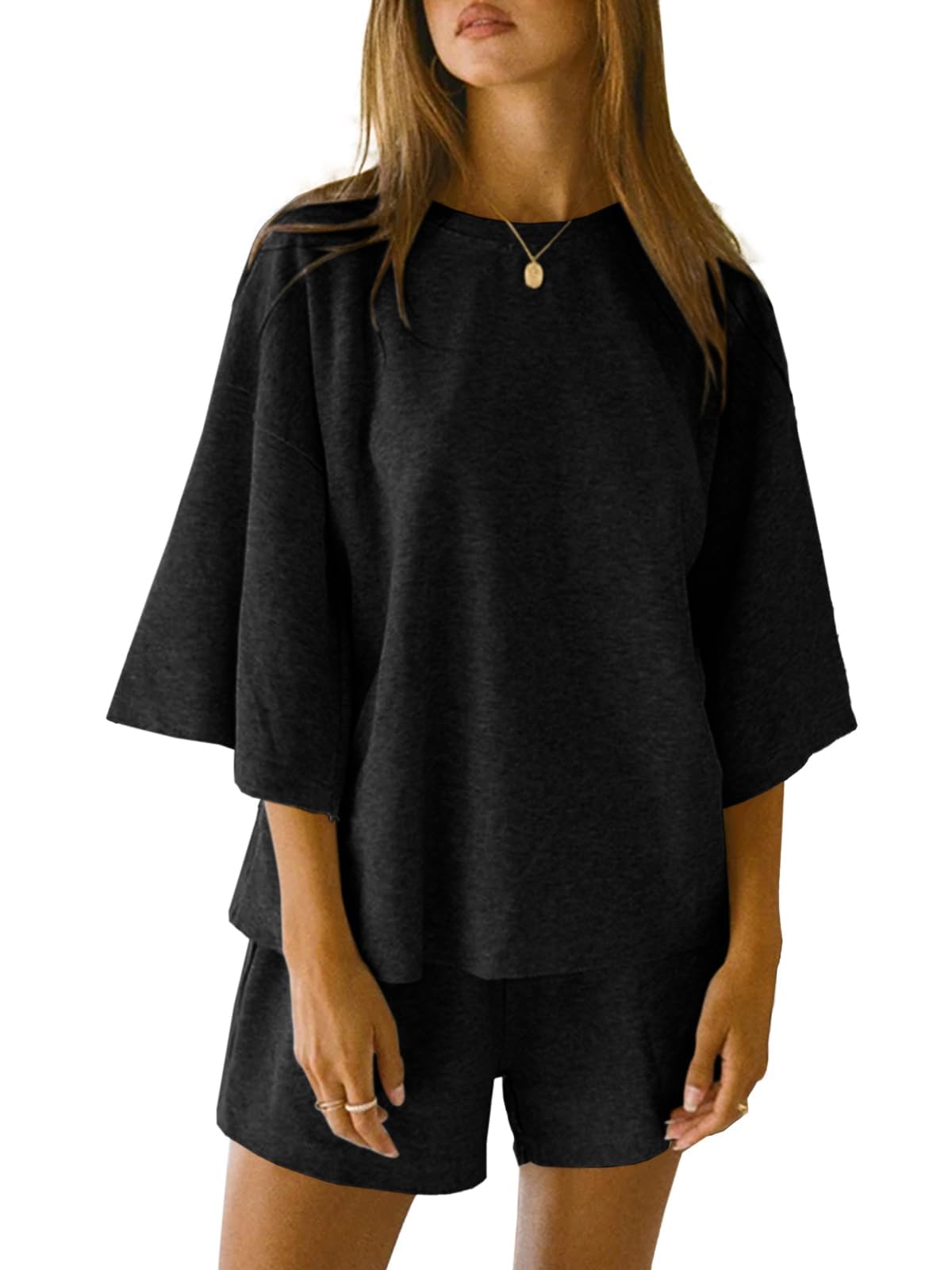 Imily Bela Schlafanzug Damen Kurz Rundhals Pyjama Set Sommer 3/4 Ärmel Nachtwäsche Locker Lässig