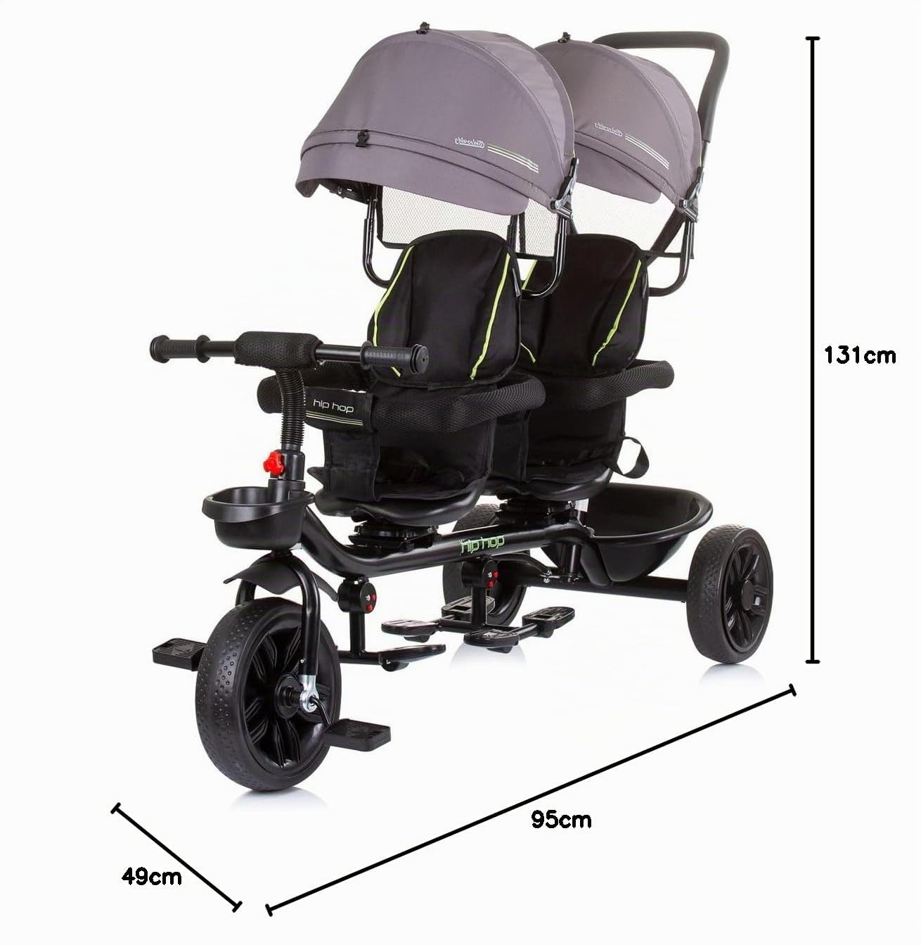 Chipolino Triciclo Hip Hop, due bambini, fino a 40 kg, sedili ruotabili a 360°, colorazione:grigio