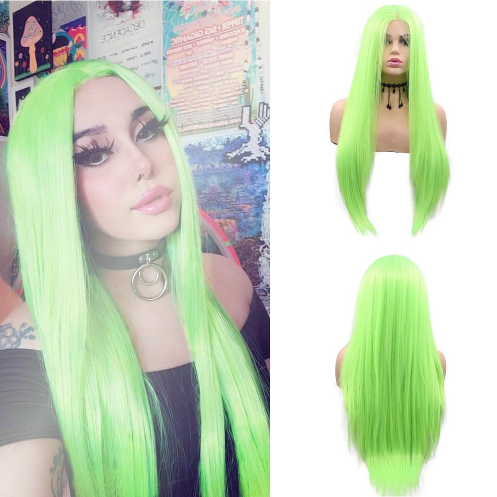 13x3" Pre Plucked Long Straight Colorful Wigs for Women Natural Looking Heat Resistant Fiber Synthetic Lace Front Wigs for Replacement/Party/Cosplay/Costume/Daily Use (Fluorescent Green)