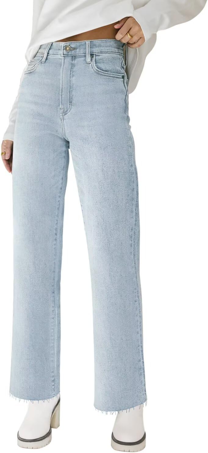 KDF Straight Leg Jeans for Women High Waisted Jeans Frayed Baggy Pants Raw Hem Loose Stretchy Cropped Wide Leg Jeans