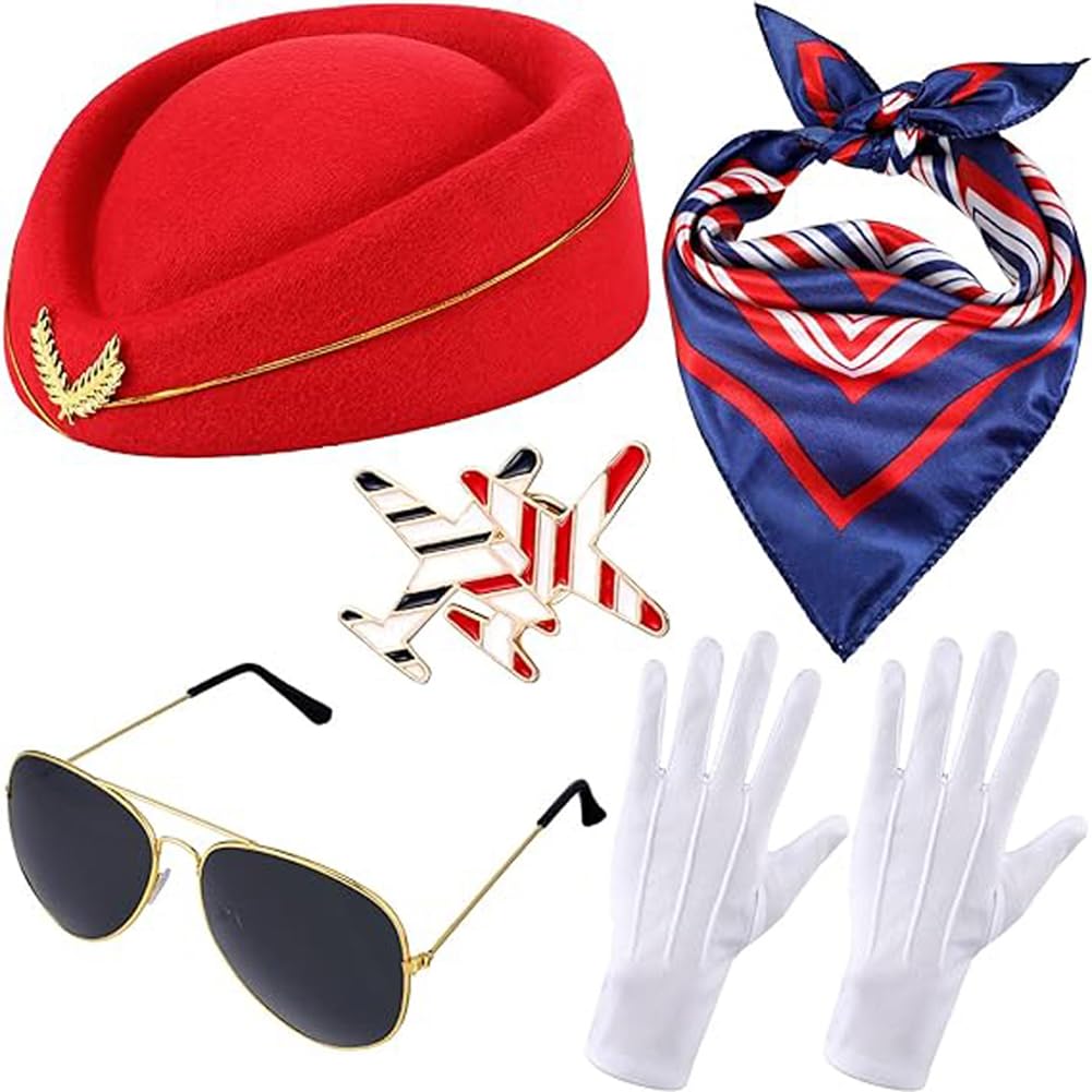 5PCS Red Airline Stewardess Costume Accessories Set Cosplay Outfit Flight Hat Sunglasses Scarf Gloves Brooches For Party Dress-up
