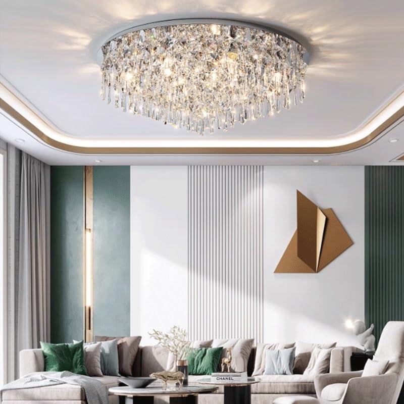 Luminaire de luxe rond en métal argenté et cristal de 50cm