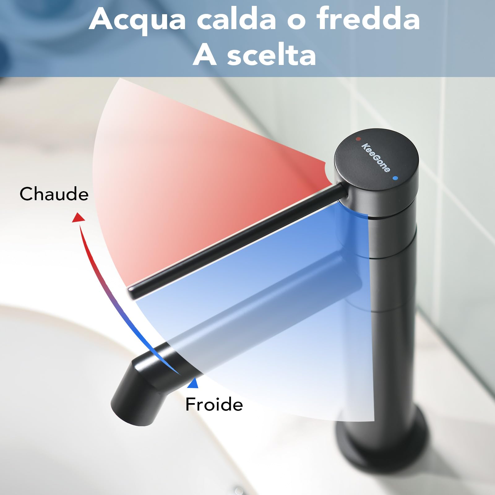 Miscelatore per lavabo girevole a 360°, rubinetto per bagno con miscelatore per acqua calda e fredda, altezza del beccuccio 122 mm, rubinetto monocomando per bagno, nero opaco