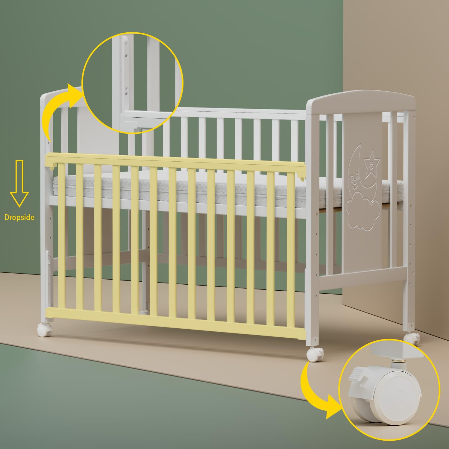 Lit en bois 3-en-1 pour bébé, berceau, lit convertible avec barrière de dentition, 5 positions réglables de base, matelas de 6 cm inclus, adapté de la naissance aux 4 ans, conforme à la norme EN716