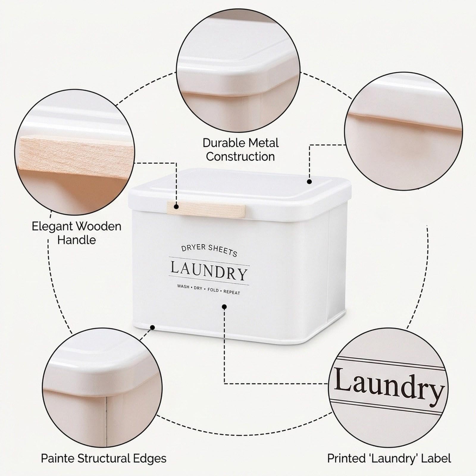 Scatola Asciugatrice Porta Asciugatrice Contenitore Organizzatore Metallo con Coperchio Design Elegante con Manico Legno, Bianco