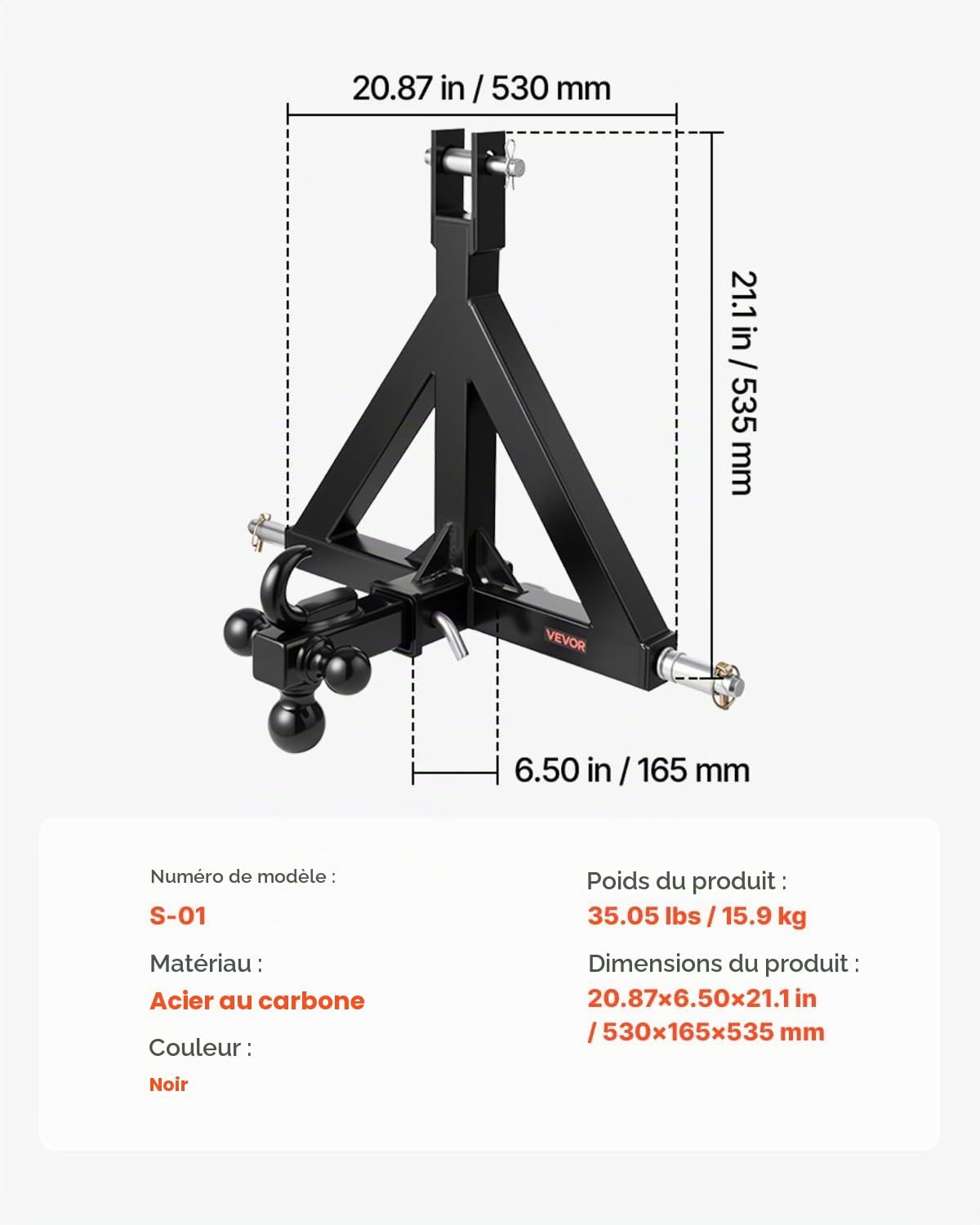 VEVOR Attelage 3 Points avec Récepteur 5 cm, Fixation Rapide 3 Points, avec 3 Boules de Remorquage, Adaptateur Barre de Remorquage Robuste pour Travaux Agricoles pour Plupart Tracteurs à Attelage 5 cm