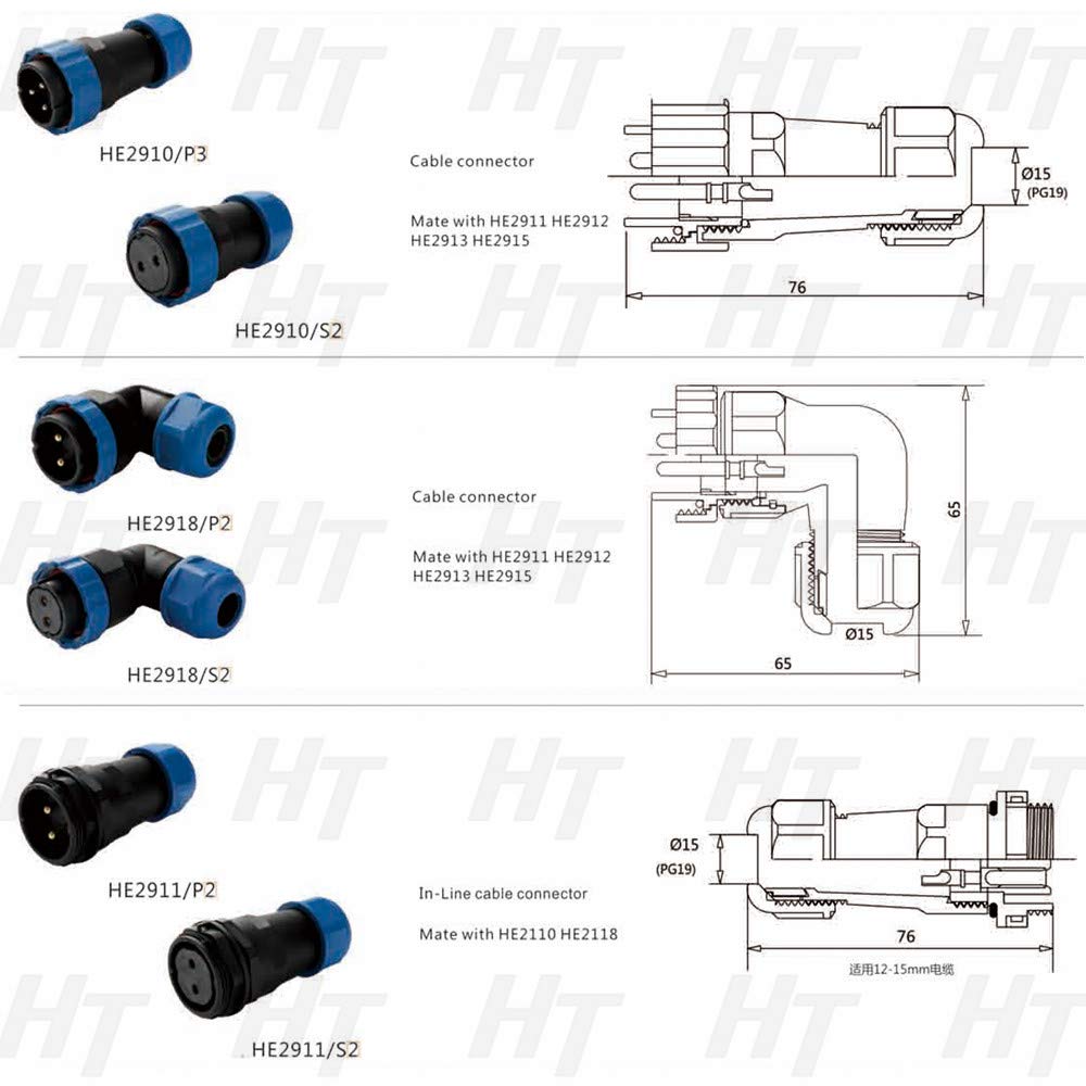 HangTon HE29 Waterproof Electrical Circular 2 Pin Connector Male Female Cable Plug Socket 45A for LED/Power/Lighting Equipment