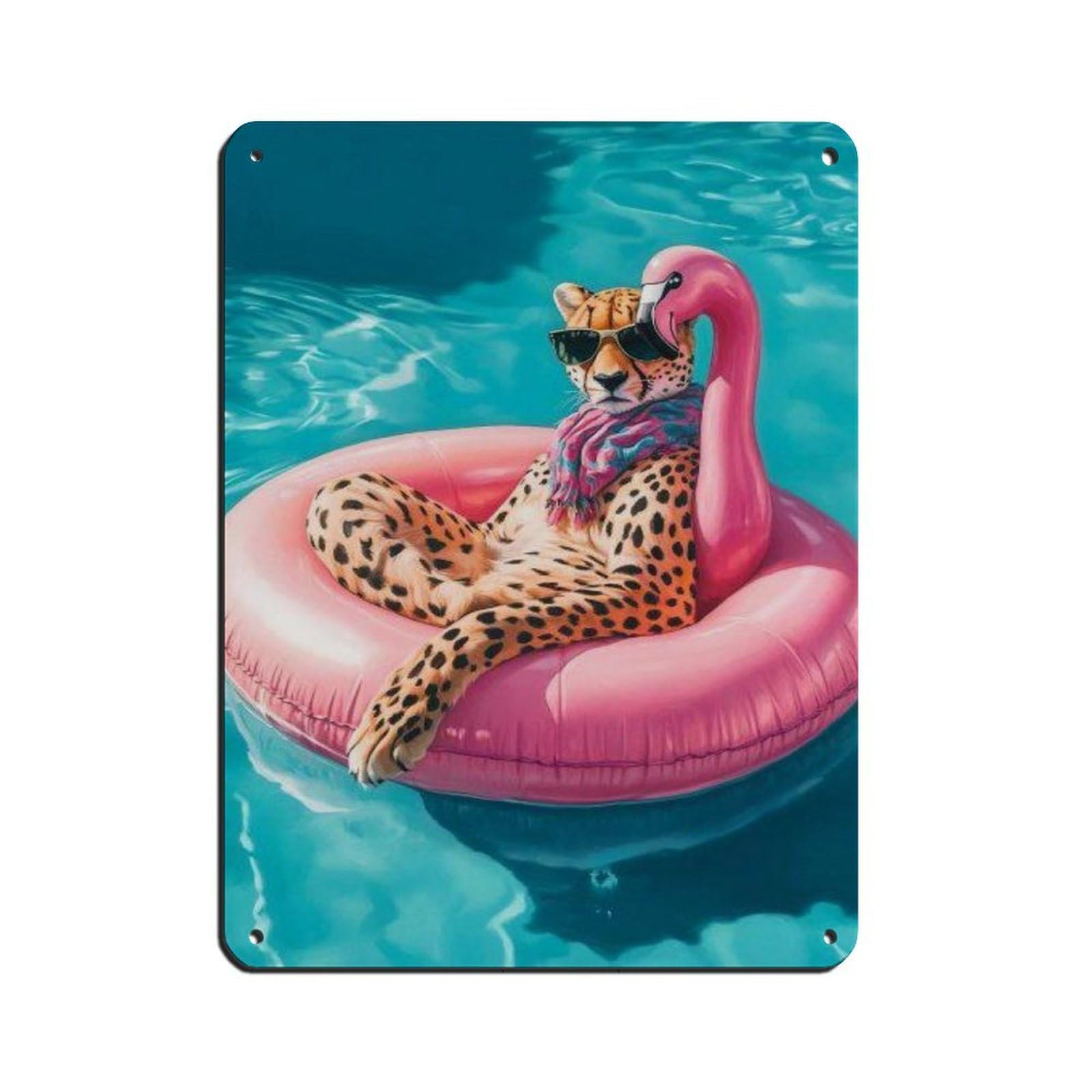 Stylish Cool Cheetah on Pink Flamingo Float Tin Sign Vintage Metal Pub Club Cafe Bar Home Wall Art Decoration Poster Retro 12x16inch(30x40cm)
