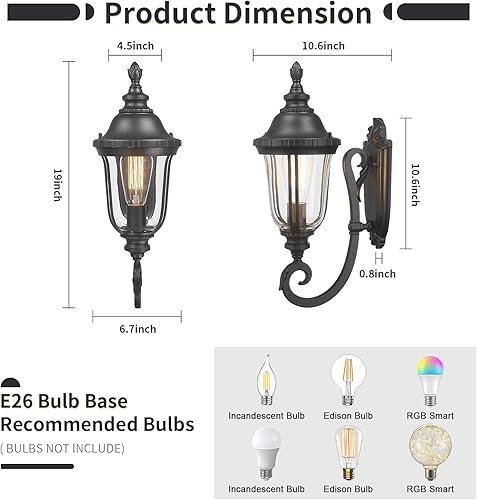 Miniatura 10 de Farol de pared exterior al aire libre, aplique moderno de pared de granja, farol, luz de porche, iluminación de montaje en pared, acabado negro con