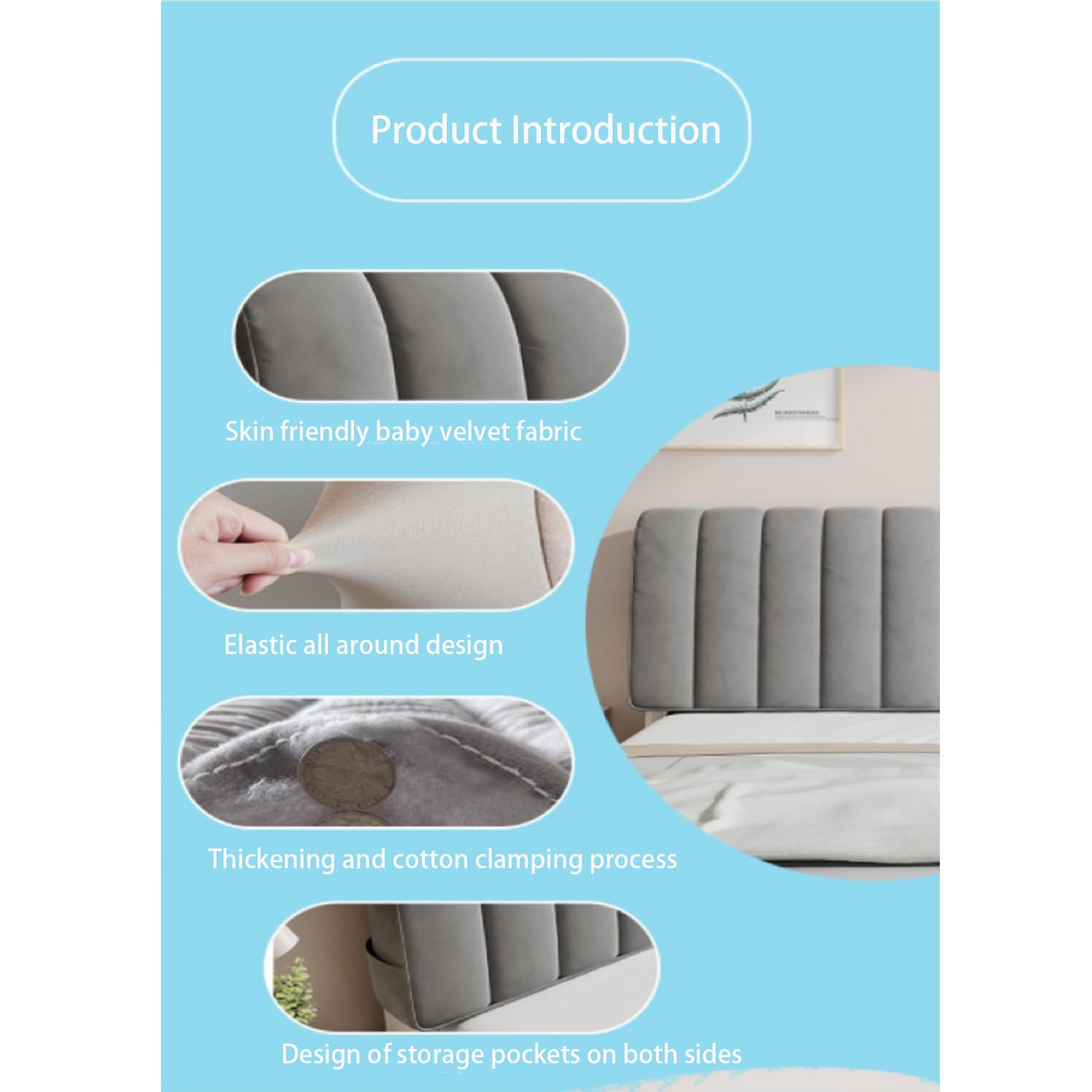 Copertura per testiera imbottita in velluto, morbida, antipolvere, per letto da 1,5 m, design completamente imbottito grigio