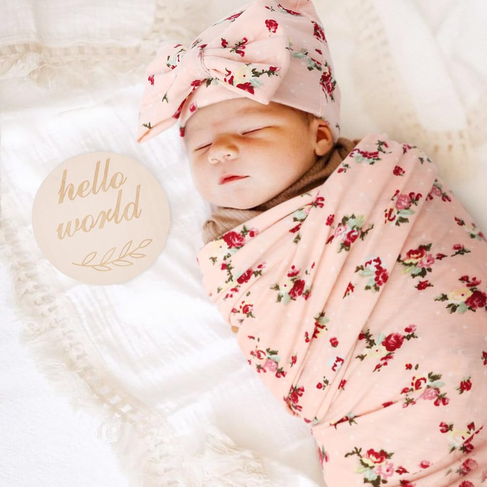 DRESHOW BQUBO Floral Swaddles for Baby Girl Newborn Receiving Blanket with Bow Hat Mittens Wooden Birth Announcement Card Set Baby Floral Print Swaddle Nursery Swaddle Wrap