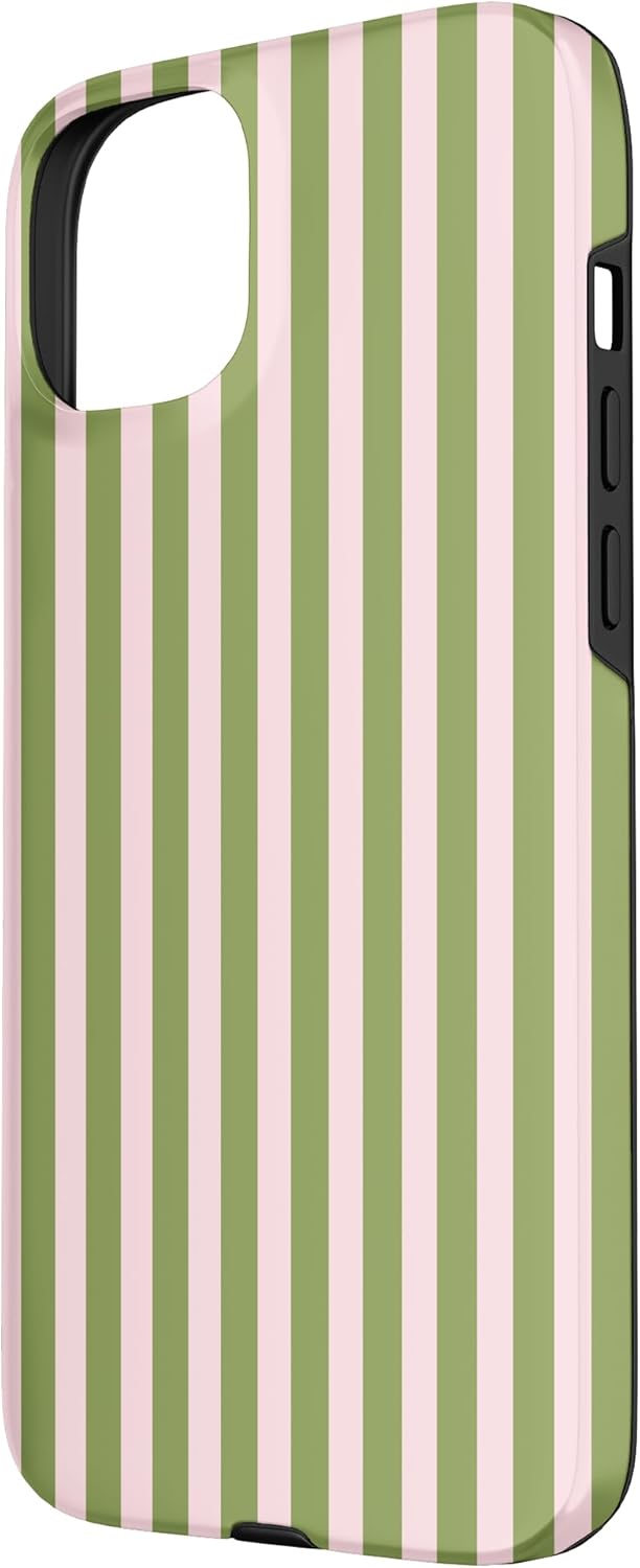 Olive Green and Pink Stripes Vertical Lines Preppy Aesthetic Case for iPhone 15 Plus