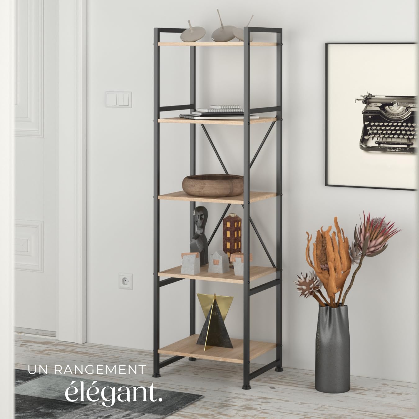 tectake® Étagère Bibliothèque Colonne Meuble de Rangement à 5 Niveaux Meuble Industriel Moderne Structure en Acier et en Bois MDF pour Rangement Bureau, Salon,Cuisine, Chambre, Dressing