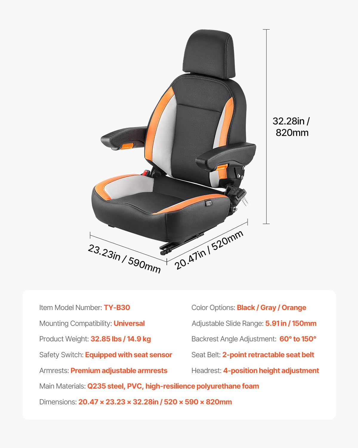 VEVOR Asiento Universal para Carretilla Elevadora 52 x 59 x 82 cm Asiento con Respaldo Ajustable, Reposabrazos, Reposacabezas y Cinturón de Seguridad, Microinterruptor, para Cortadora de Césped — view 7