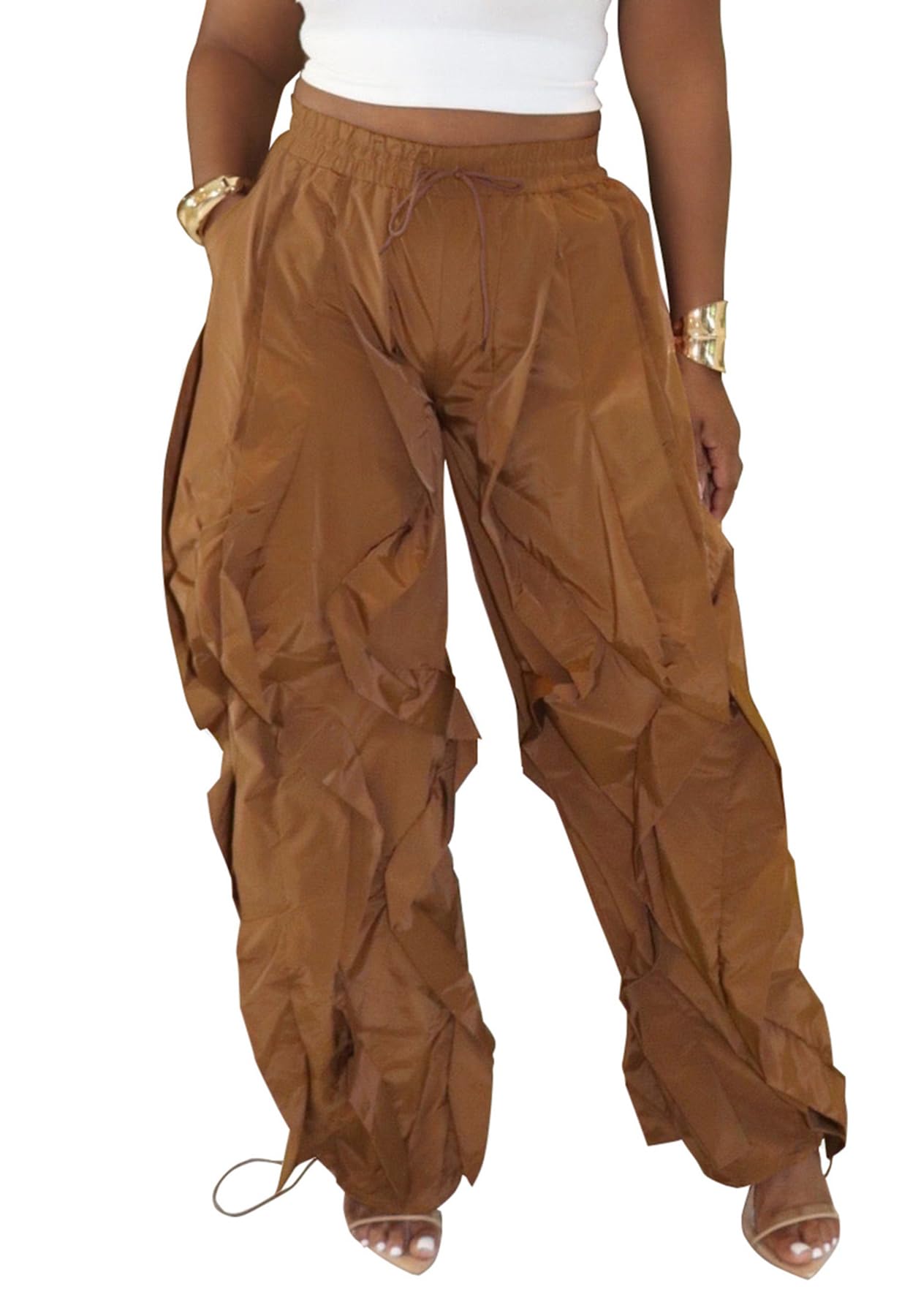 LETSVDO Womens Baggy Ruffle Fringe Pants Drawstring Elastic Waist Barrel Lantern Parachute Wide Leg Jogger Sweatpants