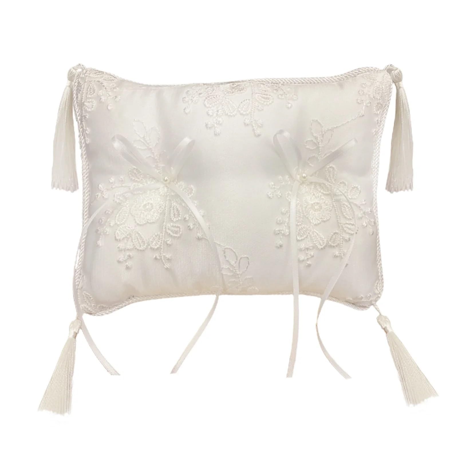 CGRSDSD Ring Bearer Pillow Romantic Ring Pillow Double Bow Ribbon Tassels Bridal Wedding Ring Holder Handmade Satin Ring Cushion Decoration