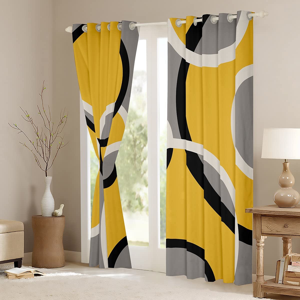 Tende geometriche a cerchio per camera da letto soggiorno giallo grigio bianco geometria tende oscuranti (30%-50%) linea a righe Dreapes arte moderna trattamenti per finestre