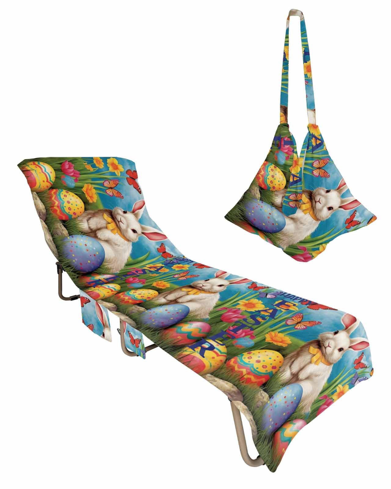 Watercolor Easter Beach Lounge Chair Towel Cover, Soft Chaise Lounge Towel with Side Pockets Patio Pool Chairs Cover for Beach/Pool Sunbathing 29x85 Spring Floral Botanical Bunny Eggs
