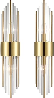 2-Light Modern Brushed Titanium Gold Wall Sconce with Clear Glass Crysta...