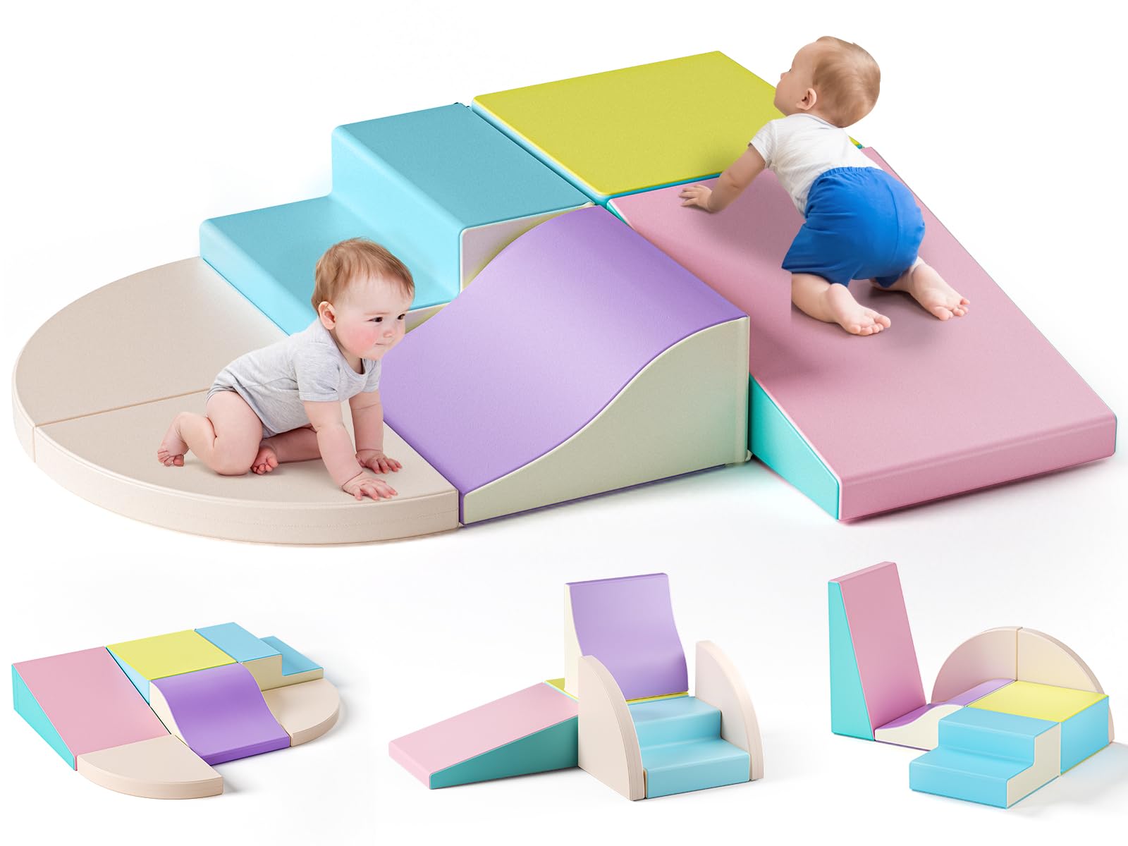 6P-Soft Climbing Blocks, Baby Soft Play Climbing Blocks, High-density Pearl Cotton, PU Cover Scratch-Resistant Clean Easily, Hidden Zipper, Kids Soft Play Set (6p-Sponge-macaron color)