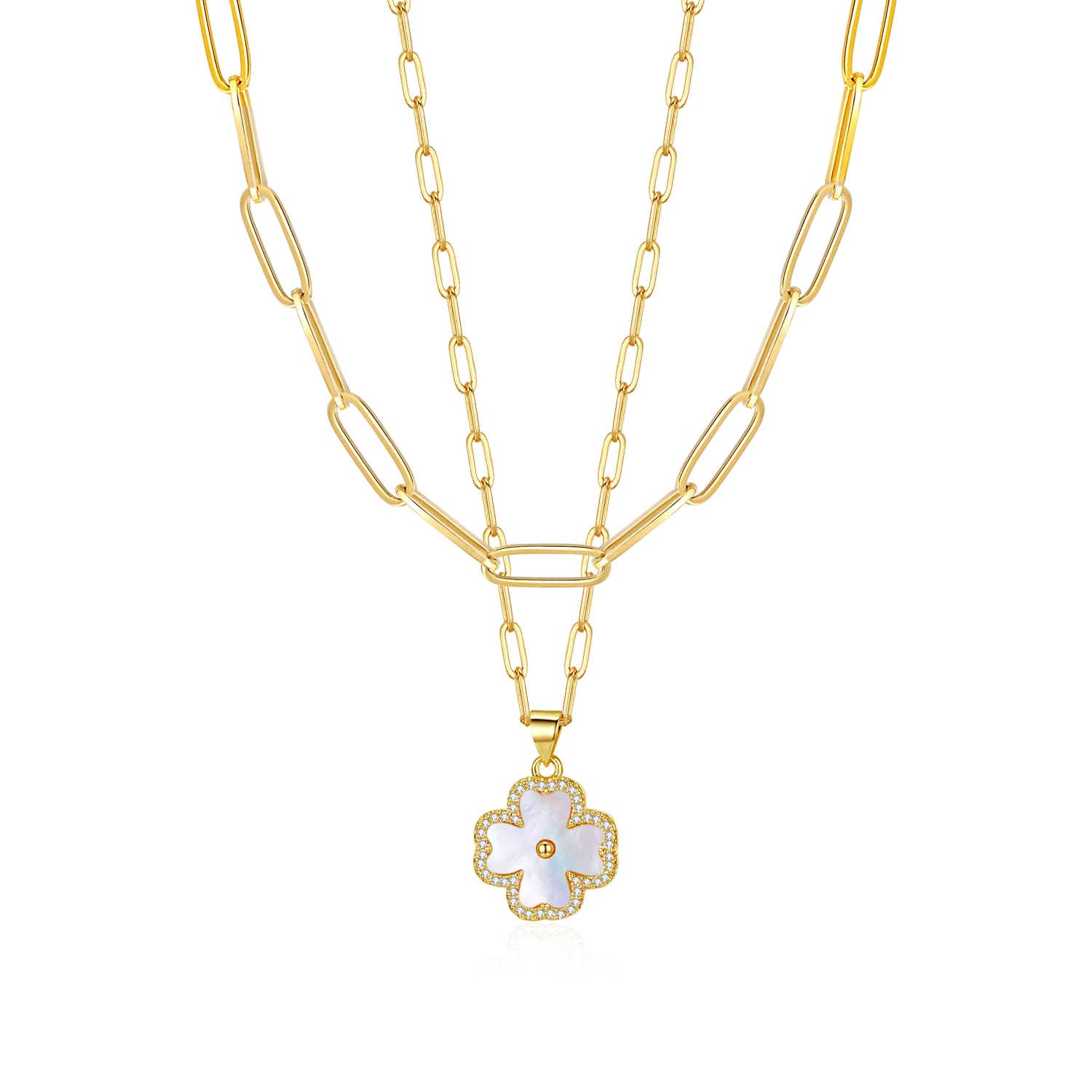 ITS4YEOFour Leaf Clover Pendant Necklace Double Layer Chain 14K Gold Plated Birthday Valentine's day Jewelry Gift for Women Wife