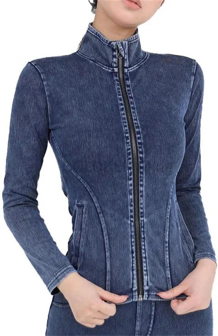 Top da donna in denim a maniche lunghe elasticizzato con cerniera intera, vestibilità aderente, con tasche, casual, con cerniera, abbigliamento sportivo per palestra e yoga, Blu scuro, XXL