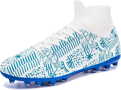 AGGHRH Men‘s Soccer Cleats Womens Men-High-Tops Slip-On Lace Up Football Shoes for Youth Soccer Shoes Indoor Outdoor AG FG White EU 42