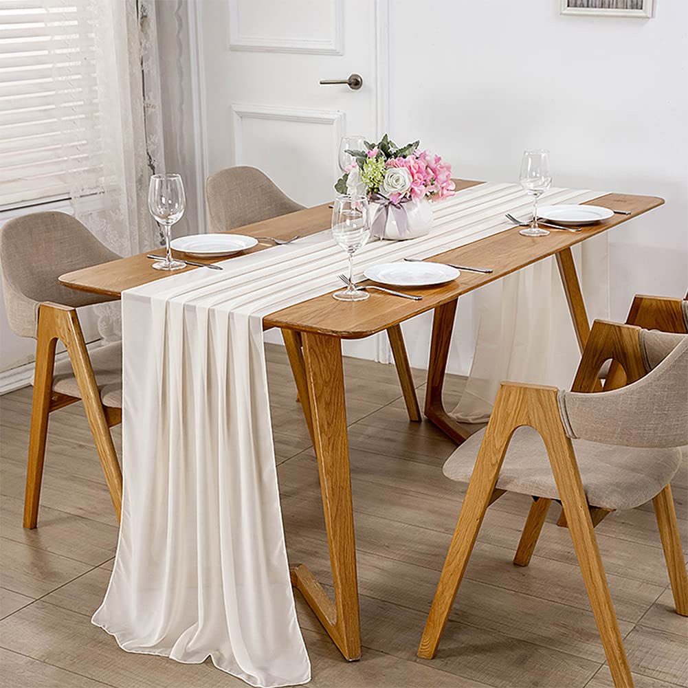 6 Stück Chiffon Tischläufer Milchweiß 600 x 70 cm, Hochzeit Tischläufer Waschbar - Romantischer Hochzeitsläufer für Hochzeit, Geburtstag, Brautdusche, Babyparty, Tischdekoration