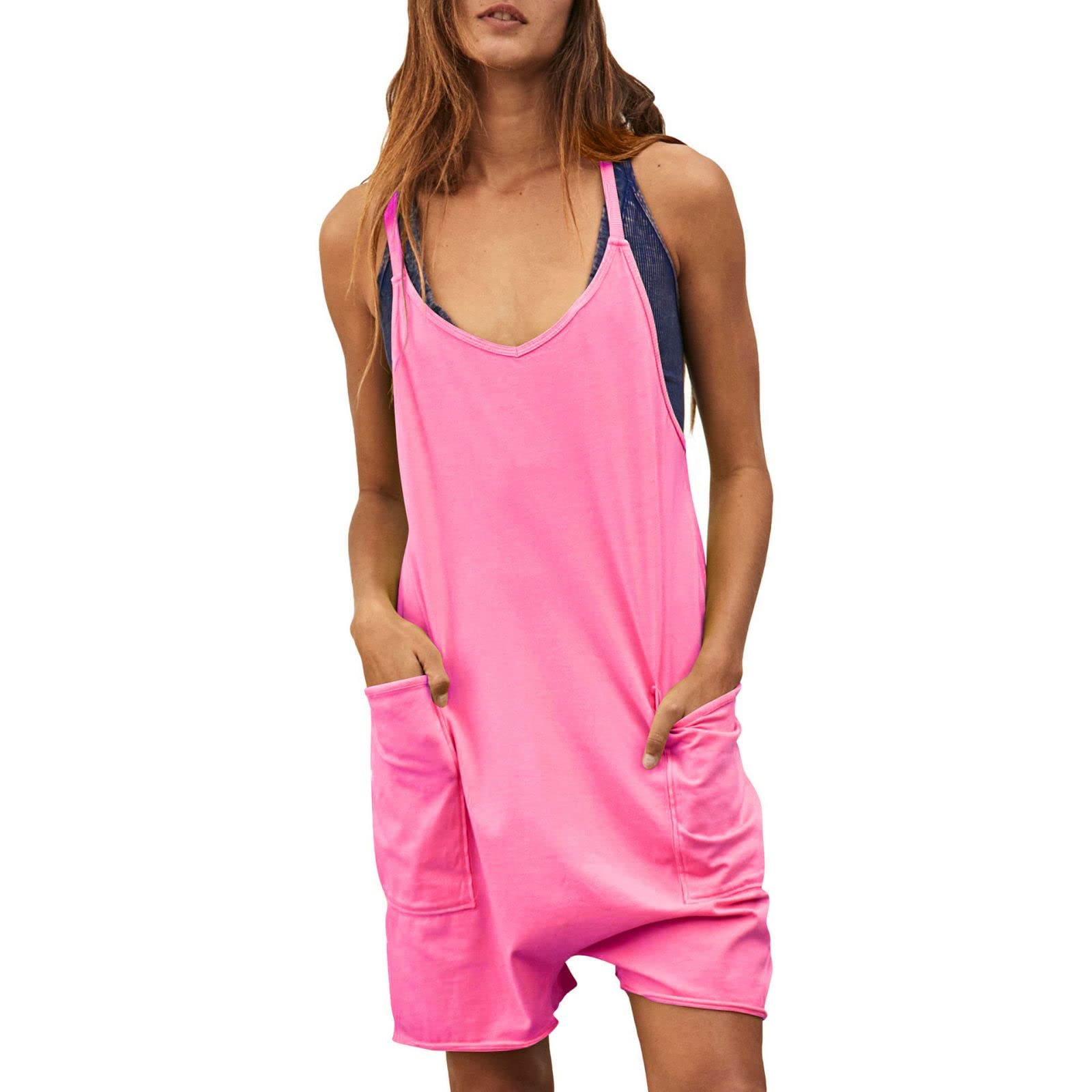 Women's Romper Jumpsuit Sleeveless Spaghetti Strap Shorts Loose Fit Casual Summer Overalls with Pockets
