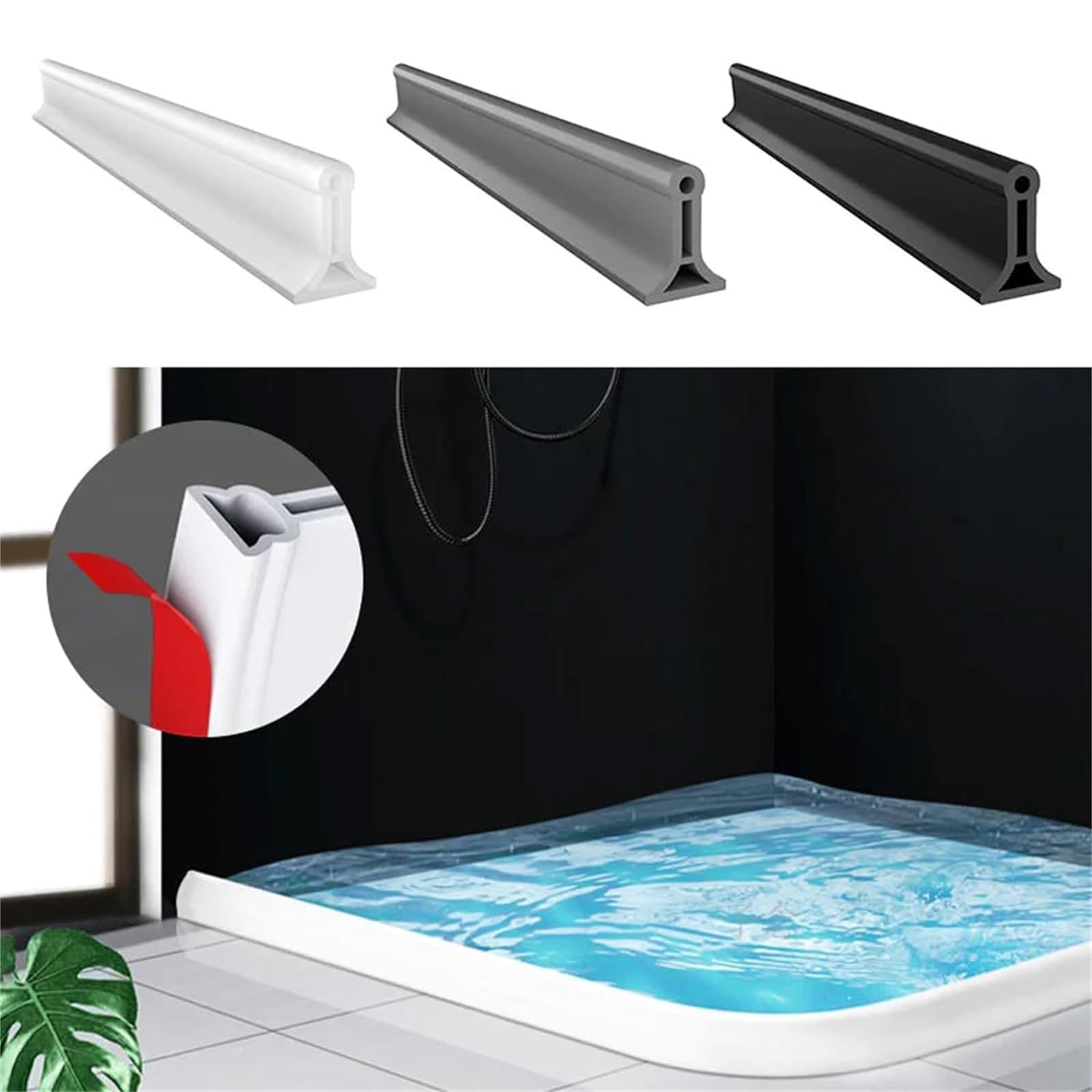 Barriera d'acqua autoadesiva, paraspruzzi pieghevole in striscia di silicone con nastro sigillante, protezione d'acqua in silicone autoadesiva per lavello, striscia di barriera d'acqua ( Color : Black