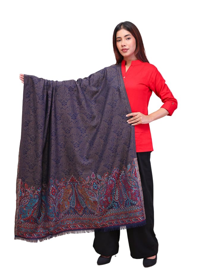 swi with label Women's Navy Blue Jamawar Wool Shawl_5J69_Navy_Blue-picture-25