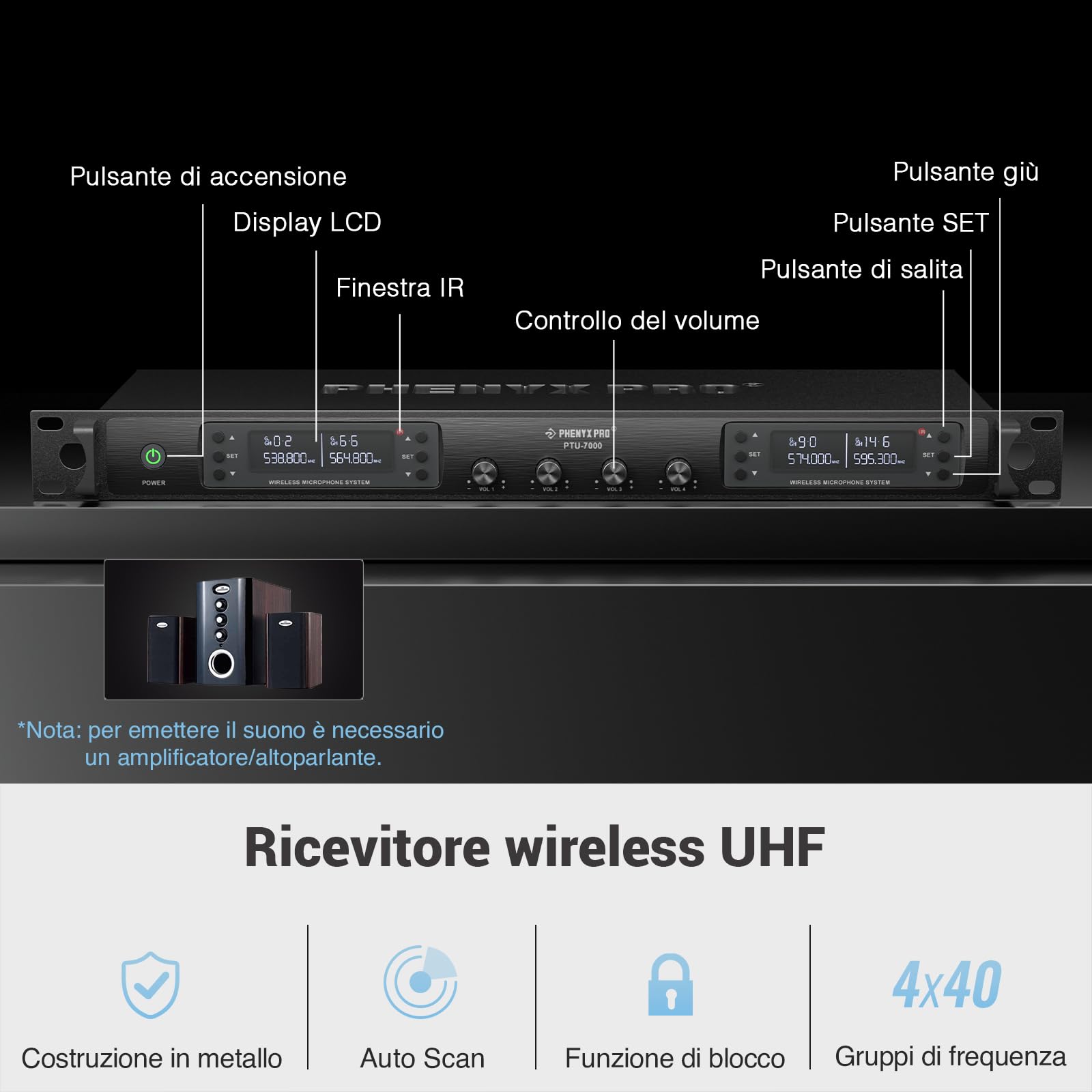 Phenyx Pro Sistema microfono wireless a quattro canali con scansione automatica, 4x40 frequenze UHF, lunga portata di 328 piedi, 4 microfoni dinamici palmari per canto, chiesa, karaoke (PTU-7000-4H)