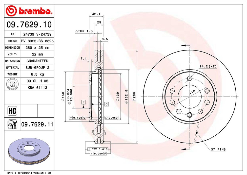 Brembo 09.7629.11 - Disco Freno con Verniciatura UV (Set di 2) - Anteriore