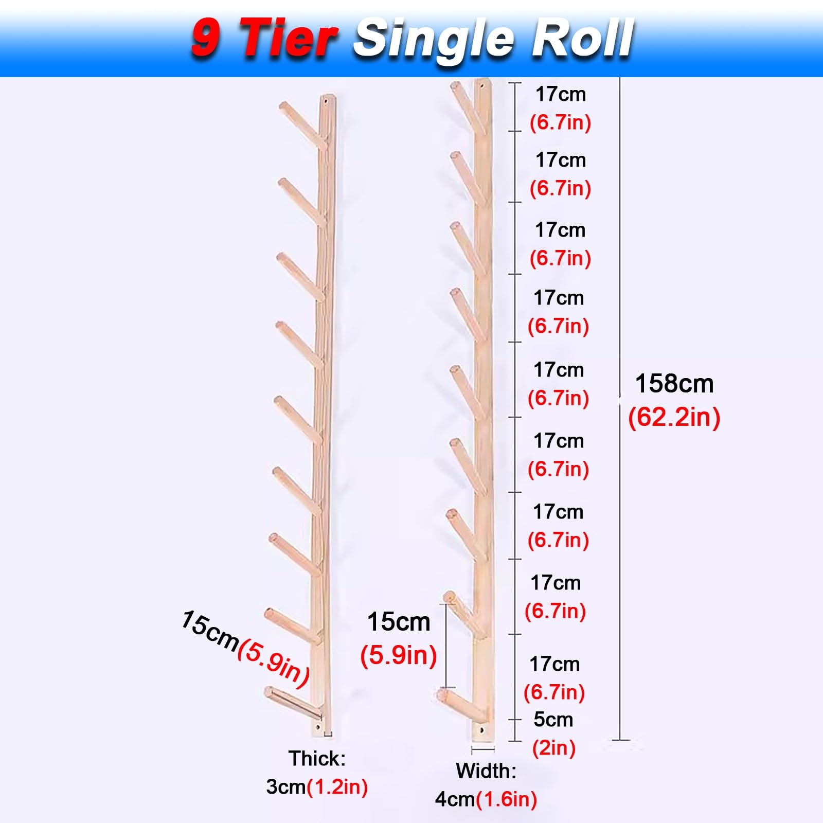Soporte para Esterilla de Yoga, Soporte de Pared de 9 Niveles para Esterilla de Yoga - Estante de Madera Comercial para Rodillos de Espuma y esterillas de Fitness - Ideal para casa, Estudio,
