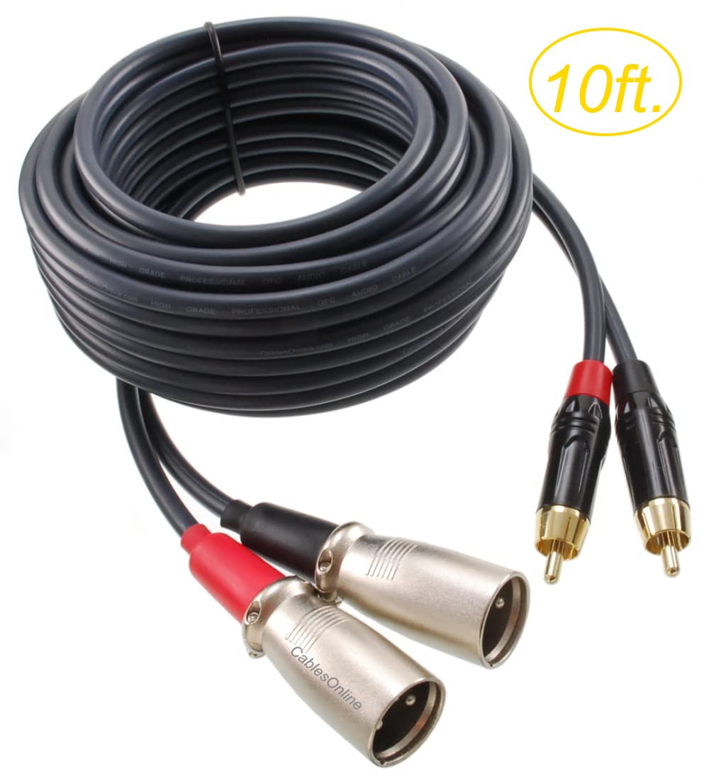 CablesOnline 10ft 2-XLR 3C Male to 2-RCA Male Professional Premium Grade Stereo Audio Cable w/XLR Nickel-Plated Connectors (XR-A210B)