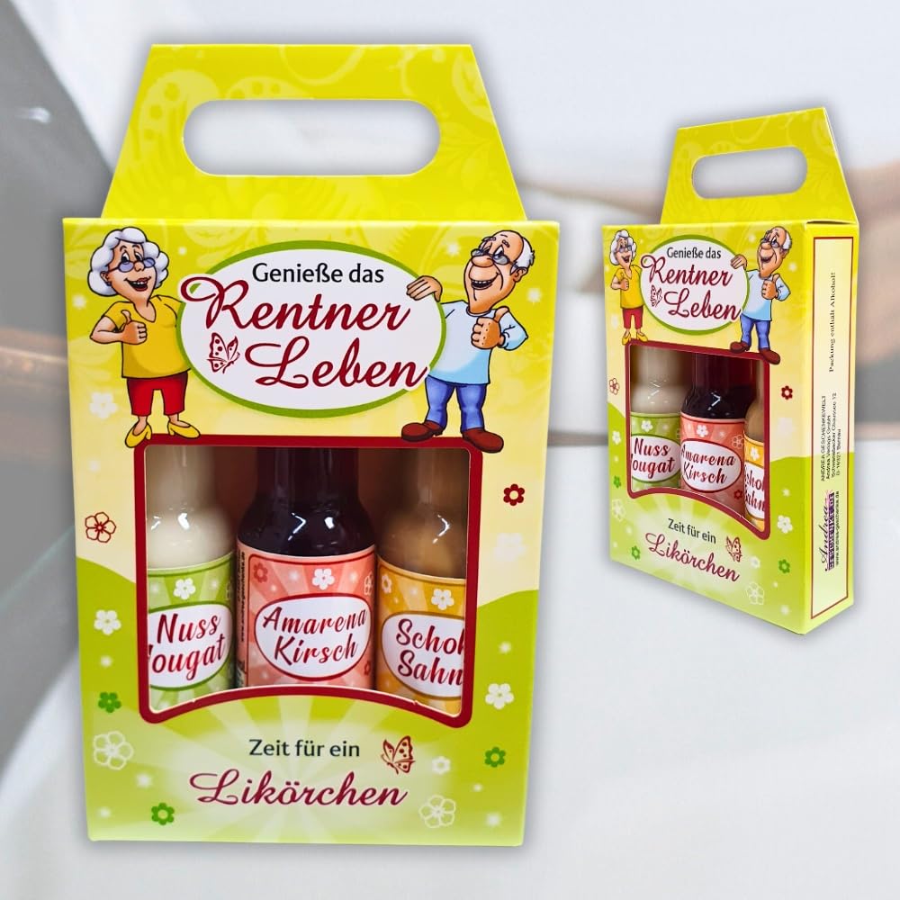 3er Likör Box – Rentner Leben - Lustiges Rentnergeschenk mit Nuss-Nougat, Amarena Kirsch & Schoko-Sahne Likör – 3x2cl je 15% – Spaßige Geschenkidee für Ruhestand, Opa, Oma – Humorvolle Spaßmedizin