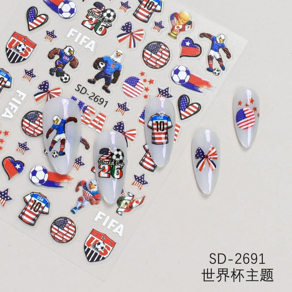 World Cup Nail Stickers Colorful Soccer Football Sports Nail Decals 5D Embossed Waterproof Nail Designs Competition Nails Supplies Self-Adhesive Nails Decals for Women DIY Manicure 12 Sheets