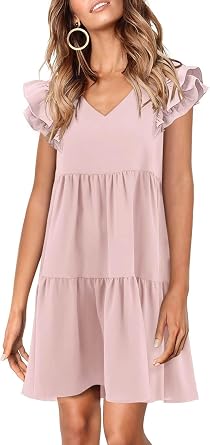 Zwurew Summer Babydoll Dresses for Women 2026 Cute Ruffle Cap Sleeve V-Neck Flowy Swing Mini Dress Sundress