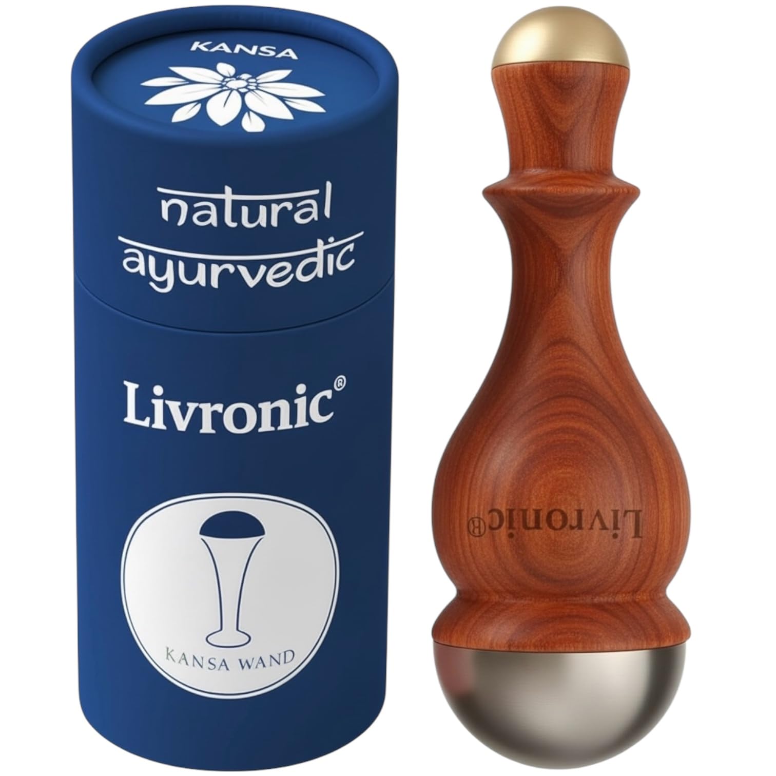 Livronic® Kansa Wand Massager 2-in-1 Bronze Cap | Traditional Ayurvedic Tool for Face Glow, Foot & Body Marma Massage | Teak Wood Handle | Anar Shape (Natutal Brown)